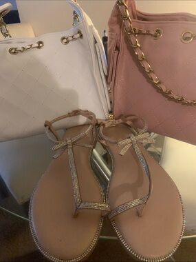 BAMBOO Blush Nude T-Strap Rhinestone Bow Sandals